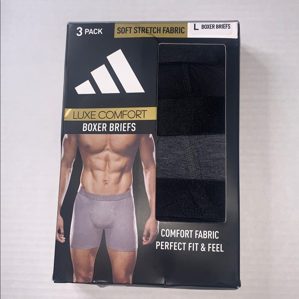 ADIDAS 3-Pack Luxe Comfort Boxer Briefs. Black/Heather Black. Size Large - Picture 7 of 11